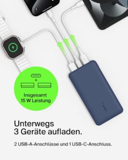 Belkin USB C Power Bank 10000mAh 1 USB-C Port and 2 USB-A Ports for Charging iPhone, AirPods, iPad, Android or Other Devices up to 15 W) – Blue