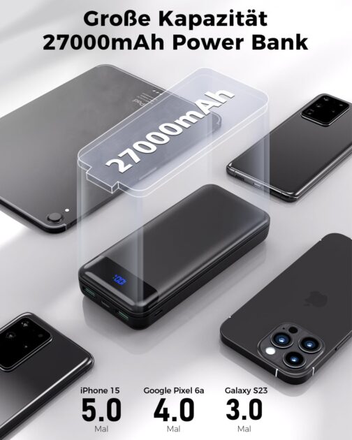 Enerwow Power Bank 27000 mAh, PD 30 W Power Bank Quick Charge, USB C Portable Charger with LED Display, External Battery with iPhone 15 14 Pro Max and Smartphone – Bild 3