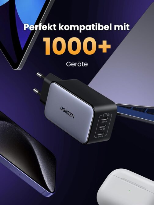 UGREEN Nexode USB-C Charger, 65 W, GaN Power Supply with 3 x USB-C Ports, Quick Charger, Compact, Compatible with MacBook Pro/Air, HP Laptop, iPad Pro, iPhone 16, 16 Pro, Galaxy S24 – Bild 9