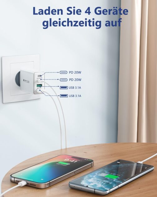 USB C Charger, 4-Port USB Plug Fast Charger Multiple Power Supply USBC Fast Charger PD Power Adapter Charging Plug USB Fast Charging for iPhone 16 15 14 13 12 11 Pro Max, iPad, Samsung, Mobile Phones – Bild 3