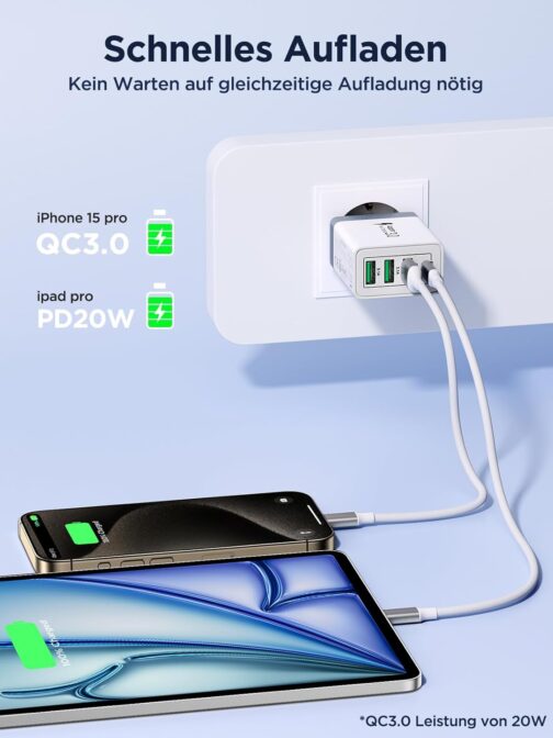 40 W USB C Charger, 2 Pack 4 Ports Charger Multiple with USB-C and USB-A, Quick Charger PD 3.0 Power Adapter Power Supply USBC Plug for iPhone 16 15 14 13 12 11 X 8 7 6 SE, iPad, Samsung S25 24 23 22 – Bild 6