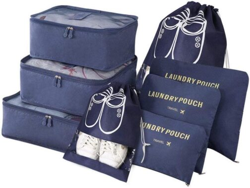 Vicloon Suitcase Organiser, 8–in–1 Set Luggage Organiser, Waterproof Travel Garment Bags Includes 2 Shoe Bags, 3 Packing Cubes and 3 Storage Bags, for Clothes, Shoes, Cosmetics, Dark Blue