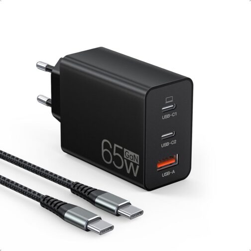65 W USB C Charger, 3-Port USB Fast Charger with Charging Cable 2 m, USB C Power Supply for MacBook Air Pro M1/M2, iPhone 16 Pro Max/15/14/13, Switch, Galaxy S24 Ultra/S23/S22, Tablet, Laptop, Mobile