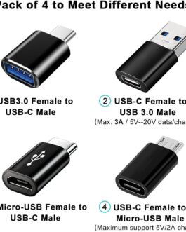 USB C Adapter Pack of 4, USB Type C to USB 3.0 OTG Adapter, Micro USB to USB C Adapter Compatible with MacBook Pro, Samsung Galaxy, Mobile Phone, PC