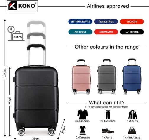 Kono Lightweight ABS Hand Luggage, Hard Shell, Cabin Luggage Suitcase, Travel Suitcase, Luggage, 56 cm, black – Bild 7