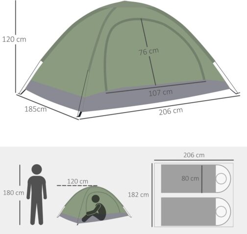 Outsunny Dome Tent for 2 People Lightweight, Stable Waterproof Family Tent with Door and Window Packing Bag, Hook, Camping Tent with 2000 mm Hydrostatic Head Tent for Camping, Travel, Trekking, Garden – Bild 7