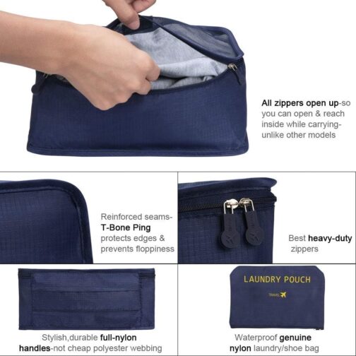 Vicloon Suitcase Organiser, 8–in–1 Set Luggage Organiser, Waterproof Travel Garment Bags Includes 2 Shoe Bags, 3 Packing Cubes and 3 Storage Bags, for Clothes, Shoes, Cosmetics, Dark Blue – Bild 2
