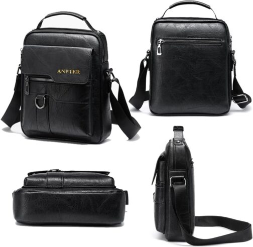 ANPTER Shoulder Bag, PU Leather, Men's Shoulder Bag, Side Bag, Crossbody Vintage Shoulder Bags, Mobile Phone Bag, Messenger Bag, Shoulder Bag, Black Shoulder Bags, M, Retro – Bild 3