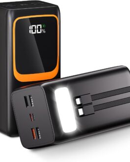 50,000 mAh Power Bank with Integrated Cable: 22.5 W Fast Charging External Battery with Large Capacity, Portable Charger with LED Torch and 7 Outputs & 3 Inputs 2.5 x 20000 mAh
