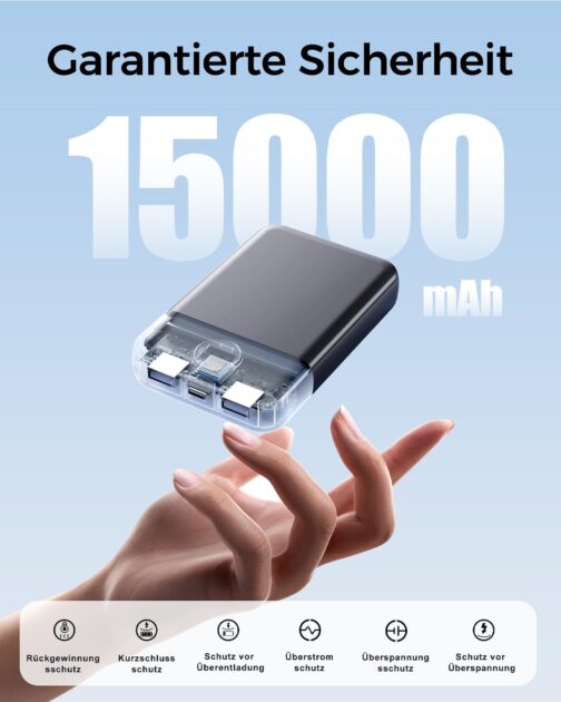 Power Bank, 22.5 W Mini Power Bank 15000 mAh (USB-C Input & Output), PD 3.0 QC 3.0 External Mobile Phone Batteries with LED Display, Compatible with iPhone 16 15 14 13 12 Pro Max and More – Bild 5