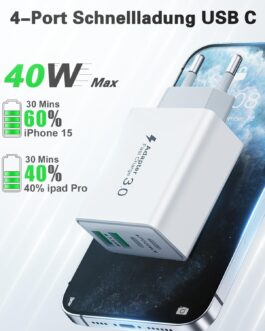 USB C Charger, 40 W 4 Ports Fast Charger, Multiple Plug with Power Adapter, Fast Charger Power Supply for iPhone 16 15 14 13 12 11 Pro Max, iPad, Samsung, Mobile Phones