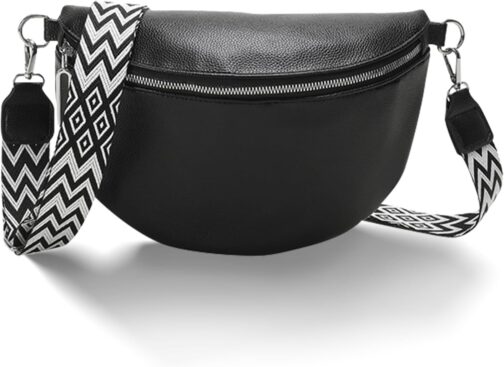 VidFair Shoulder Bag Women's Large Bum Bag Stylish Elegant Modern Leather Water-Repellent Crossbody Bag Wide Strap Bum Bag Bags with Removable Shoulder Strap Festival Travel Everyday Black, black