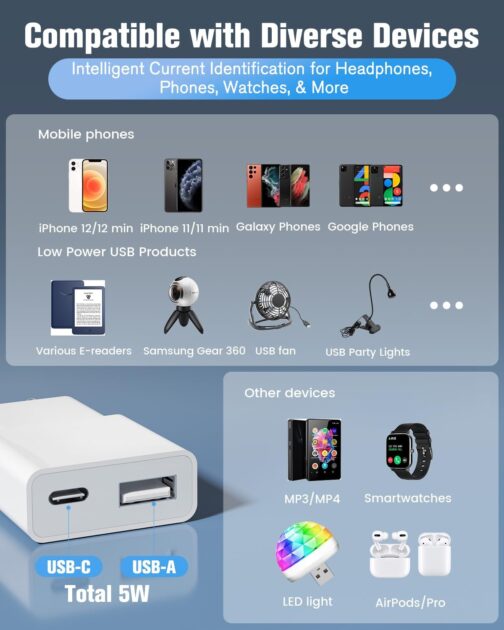 USB Charger 5W Slim Charging Plug Power Supply 5V 1A 2Port USB C+ USB A Power Plug Adapter, Socket Adapter for iPhone, eBook Reader, Xperia, MP3, Smartphone (White) (Thickness 1.45 cm/1 Pack) – Bild 5