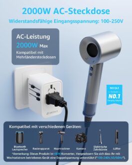 decqle Travel Adapter Worldwide, Universal Travel Plug with 2 USB-C (PD 20W), 1 USB-A and 1 AC Socket, International Socket Adapter, AC Adapter Universal Adapter for EU, UK, US, AU (White)