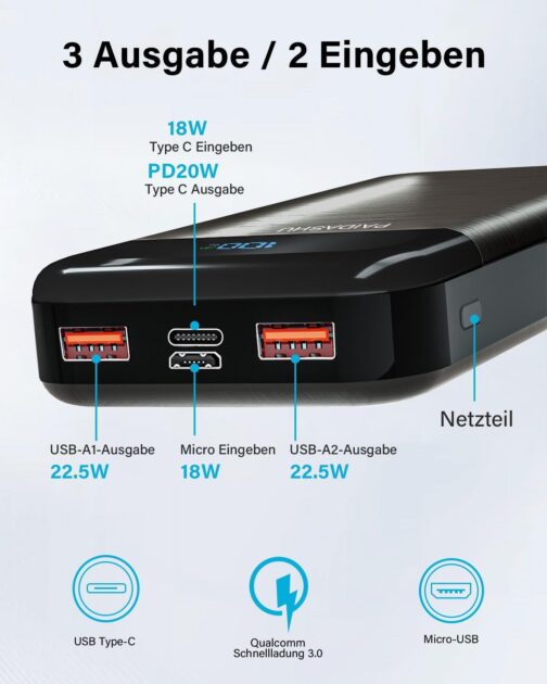 Power Bank 27,000 mAh 22.5 W External Mobile Phone Battery PD20W Fast Charging Power Bank USB C with LED Display 3 Outputs & 2 Inputs Portable Charger (P38S-01) – Bild 5