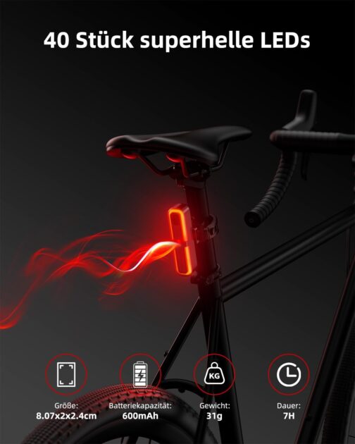 OnMeto Bicycle Rear Light, LED Rear Light Bicycle USB Type-C Rechargeable Bicycle Light Rear Light Ebike IPX5 Waterproof for Road Bike, MTB, E-Bike – Bild 3