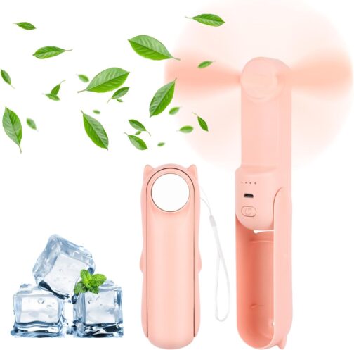 Handheld Fan, USB Fan, Portable Mini Fan, 3-in-1 Foldable Fan, Small, Small Pocket Fan with Power Bank, Beauty Mirror Function for Travel, Home, Office, Outdoor (Rose)