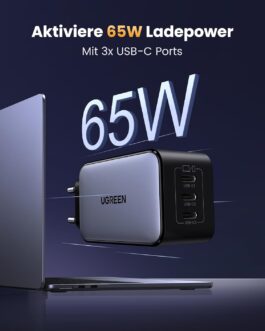 UGREEN Nexode USB-C Charger, 65 W, GaN Power Supply with 3 x USB-C Ports, Quick Charger, Compact, Compatible with MacBook Pro/Air, HP Laptop, iPad Pro, iPhone 16, 16 Pro, Galaxy S24
