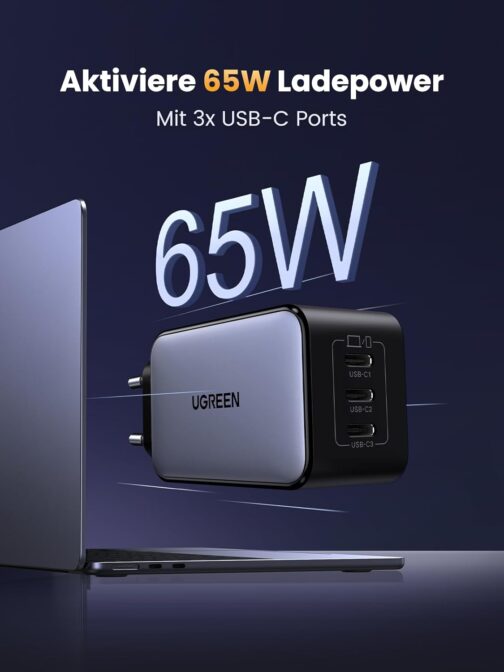 UGREEN Nexode USB-C Charger, 65 W, GaN Power Supply with 3 x USB-C Ports, Quick Charger, Compact, Compatible with MacBook Pro/Air, HP Laptop, iPad Pro, iPhone 16, 16 Pro, Galaxy S24 – Bild 2