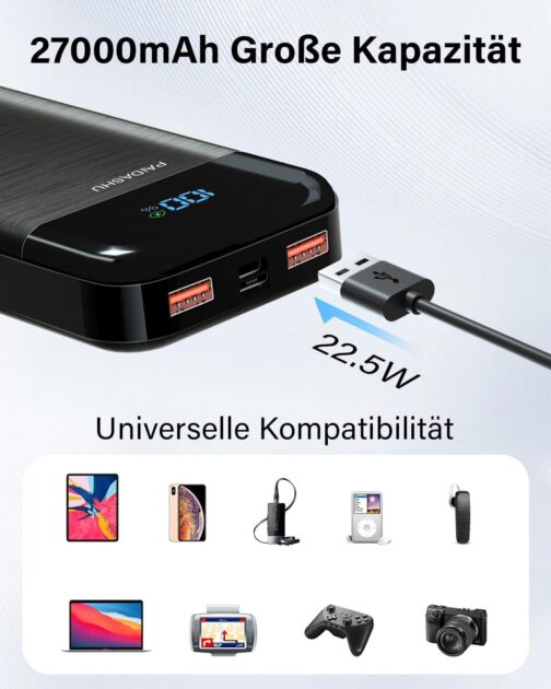 Power Bank 27,000 mAh 22.5 W External Mobile Phone Battery PD20W Fast Charging Power Bank USB C with LED Display 3 Outputs & 2 Inputs Portable Charger (P38S-01) – Bild 4