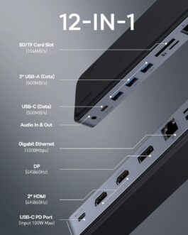 Baseus Laptop Docking Station Triple Display 12-in-1 with 2 x 4K HDMI, DP, 100W PD, 3 x USB 3.0, 1 x USB C, Gigabit Ethernet, SD and TF Card Reader for MacBook/Dell/HP/Surface/Steam Deck