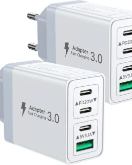 Pack of 2 USB C Charger, Aioneus 40 W 4-Port Plug USBC Adapter Multiple Type C Mobile Phone Power Supply for iPhone 16 15 Pro Max Plus XR SE iPad, Samsung Fast Charger USB-C Charging Plug Charger