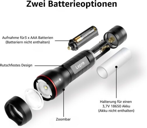 Lepro LED Torch, LE2000 Extremely Bright LED Torches with 5 Modes, Zoomable Camping Hand Lamp, Waterproof Torch for Camping, Outdoors, Hiking, Fishing, Gift (Pack of 2) – Bild 6