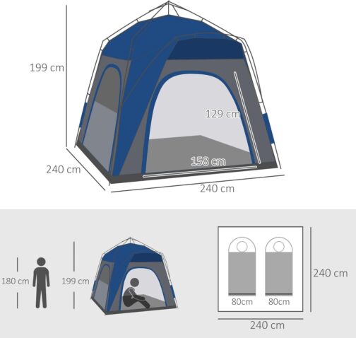 Outsunny Kuppelzelt für 4 Personen leicht, stabil wasserdicht UV 50+ Pop Up Campingzelt mit Haken Tür Fenster, Bodenplane Familienzelt mit 1000mm Wassersäule Zelt für Camping Reise Trekking Garten – Bild 7