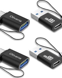 Oliveria USB C to USB Adapter 4 Pack, Type C to USB 3.0 Adapter, USB Type-C to USB, Thunderbolt 3 to USB Female OTG Adapter for Phone 15, MacBook Pro 2022/2021/2020, Galaxy and More