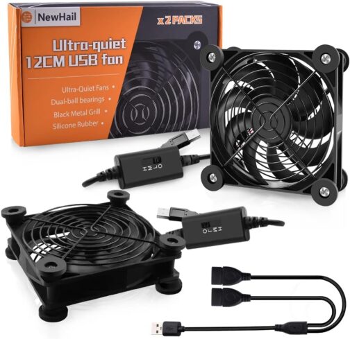 NewHail USB Fan 120 mm PC Fan Dual Ball Bearing with 3 Adjustable Speeds, USB Fan 5 V Quiet Compatible with Router, Xbox, Modem, Receiver, DVR, TV Box (Pack of 2)
