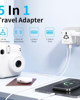 5 in 1 Travel Adapter Worldwide, Universal Adapter with USB A, USB C, 1 Worldwide Socket and 1 USA/JP Socket, Travel Travel Plug International Socket Adapter for EU USA UK Canada Japan Australia
