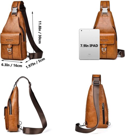 Hjkiopc Sling Bag for Men, Leather Chest Bag, Waterproof Shoulder Bags, Casual Lightweight Bag, Mobile Phone Bag, Crossbody Bag for Hiking, Cycling, Camping, Light brown 1, Retro – Bild 6