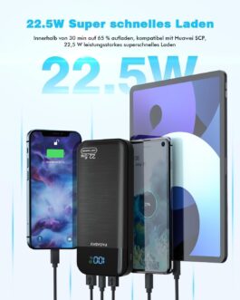 Power Bank 27,000mAh 22,5W Externer Handyakku PD20W Schnell Aufladende Powerbank USB C mit LCD Display Tragbares Ladegerät für Smartphone Tablets