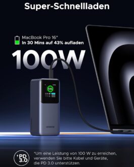 UGREEN Nexode 20000 mAh Power Bank, 130 W Max Fast Charge, USB-C PD 3.0 Input/Output, Digital Display, Compatible with iPhone 16/15 Pro Max, Galaxy S24 Ultra, MacBook Pro, Dell and More