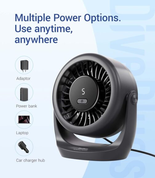 Diveblues USB Turbo Table Fan, Ultra Quiet Mini Fan, Powerful Wind, LED Display, 5 Speeds, 360° Rotation, Portable Fan for Home, Office & Outdoor - TurboBreeze – Bild 4