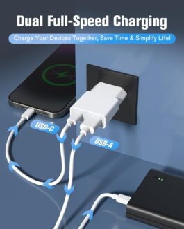 USB Charger 5W Slim Charging Plug Power Supply 5V 1A 2Port USB C+ USB A Power Plug Adapter, Socket Adapter for iPhone, eBook Reader, Xperia, MP3, Smartphone (White) (Thickness 1.45 cm/1 Pack)
