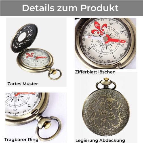 JUXINE Outdoor Compass with Metal Chains, Compass Hiking, Waterproof Brass Camping Tool Metal Pocket Children's Compass, Durable, Shockproof, Waterproof, Hollow Brass for Outdoor Navigation – Bild 3