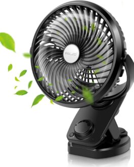 ELZO USB Fan, 5000 mAh Quiet Mini Table Fan Clip Fan, Auto Oscillating, 360° Rotation, Rechargeable Continuous Speed, Portable Fan for Office Pushchair, 17 cm Leaves