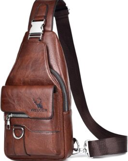 Hjkiopc Sling Bag for Men, Leather Chest Bag, Waterproof Shoulder Bags, Casual Lightweight Bag, Mobile Phone Bag, Crossbody Bag for Hiking, Cycling, Camping, dark brown