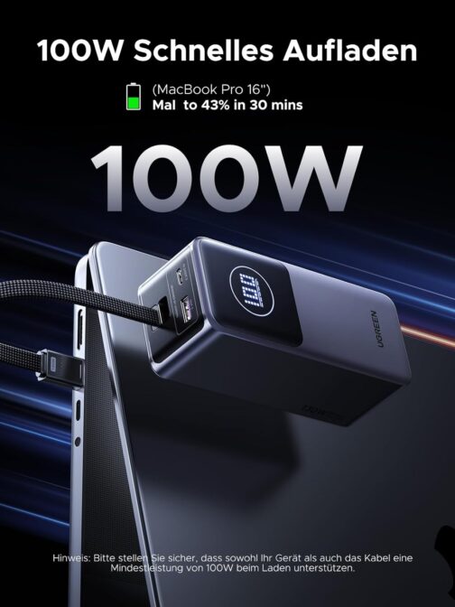 UGREEN Nexode Laptop Power Bank 20000 mAh 130 W Super Fast Charge, PD 3.0 Integrated USB C Cable, 1 USB-A Port, 1 USB-C Port Compatible with iPhone 16/15 Series, Galaxy S25, MacBook and More – Bild 2