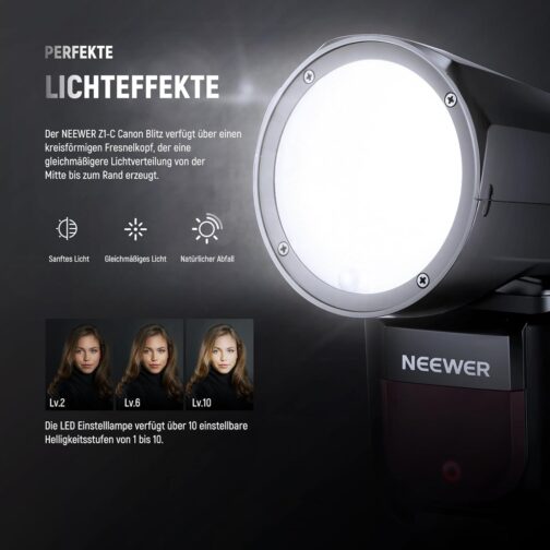 NEEWER Z1-C TTL Flash Speedlite Round Head Flash Light for Canon DSLR Cameras, 76Ws 2.4G 1/8000s HSS, 10 Levels LED Adjustment Lamp, Speedlight with 2600 mAh Lithium Battery, Recycling in 1.5s Flash – Bild 3