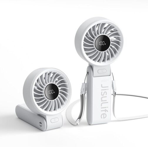 JISULIFE Life7 Handheld Fan, Powerful Portable Fan with LED Display, 19.5 Hours Maximum, 5000 mAh, 3-in-1 Hand/Desk/Neck Fan, Mini Fan for Travel (Grey)