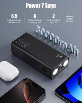 Power Bank 30,000 mAh: PD 22.5 W Quick Charge External Battery with Torch, Large Capacity and 3 Outputs and 2 Input Radio with