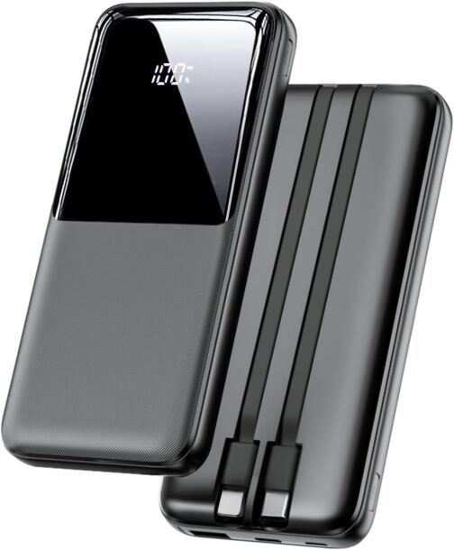 Power Bank 26800 mAh, Portable Charger with 3 Ports and 2 Integrated Cables, USB C Quick Charge Power Bank, External Battery, Compatible with iPhone 16 15 14 13 Samsung Galaxy, Black