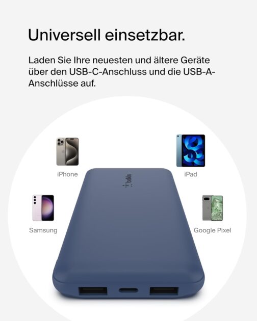 Belkin USB C Power Bank 10000mAh 1 USB-C Port and 2 USB-A Ports for Charging iPhone, AirPods, iPad, Android or Other Devices up to 15 W) - Blue – Bild 6