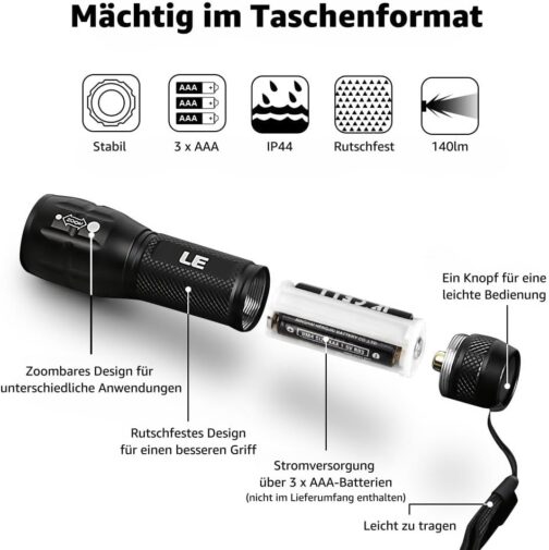 LE LED Torch Small, LE1000 Extremely Bright Zoom-able Mini Torches Battery Operated for Children, Portable, Waterproof Torch, Torch for Camping, Outdoor, Hiking, Emergencies – Bild 5