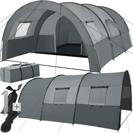 tectake® Tunnel Tent, 6 People, Family Tent, Large Tent with Awning and Groundsheet, UV Protection, Camping Tent with Carry Bag, 350 x 480 x 195 cm, Dark Grey/Light Grey