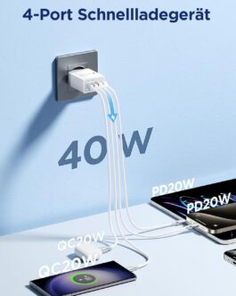 Aioneus USB C Charger, 4 Ports Multiple Charger with USB C and USB A, 40 W Fast Charger, PD 3.0 Power Adapter, USB Power Supply for iPhone 15/14 Pro Max/13/12/11/SE 2020/XS/XR/8/7, Samsung Phones