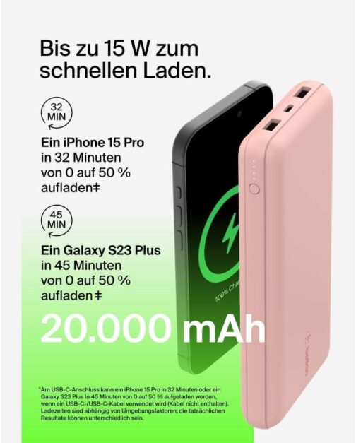 Belkin Portable USB C Charger, 20,000mAh, 20K Power Bank with USB-C Input/Output and 2 USB-A Ports with USB-C/USB-A Cable for iPhone, Galaxy, Pixel, iPad, AirPods and Other Devices - Rose Gold – Bild 4