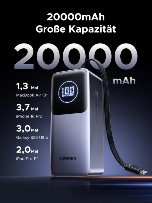 UGREEN Nexode Laptop Power Bank 20000 mAh 130 W Super Fast Charge, PD 3.0 Integrated USB C Cable, 1 USB-A Port, 1 USB-C Port Compatible with iPhone 16/15 Series, Galaxy S25, MacBook and More – Bild 4